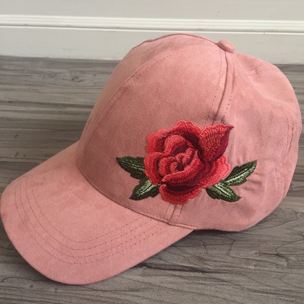 Mauve Pink Baseball Cap With Embroidered Rose